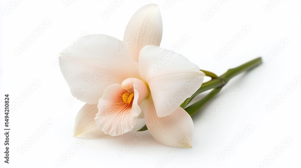 Naklejka premium Delicate orchid flower, ivory petals, peach center, green stem, on white background
