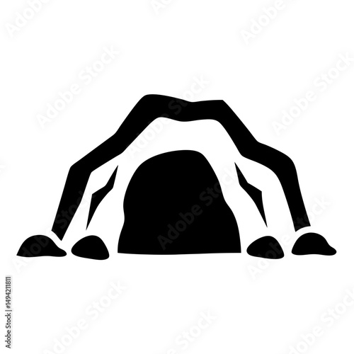 Solid black silhouette of a cave entrance with rocks and overhang