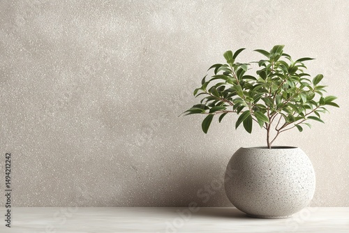 Small Plant In Ceramic Pot On Light Beige Wall