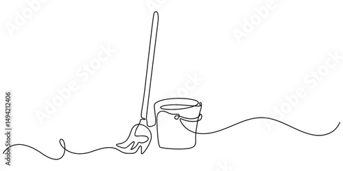 mop and bucket continuous line art drawing. Cleaning service concept, Mop and bucket continuous line art drawing. Cleaning service concept, Cleaning tools one line colored continuous drawing.