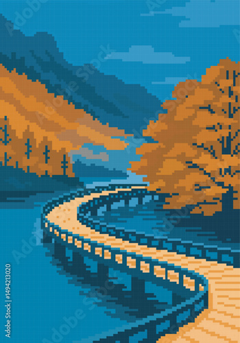 pixel art of lake bridge and mountains scenery, vector illustration on isolated background.