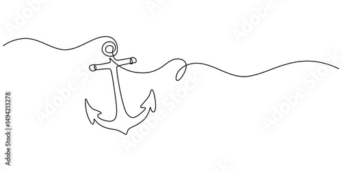 Anchor one continuous line vector doodle drawing. Sea icon, Nautical Anchor Continuous Line Drawing with Editable Stroke and Copy Space, Continuous line drawing of sea anchor, Large sea anchor.