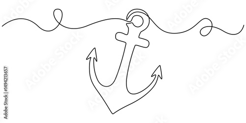 Anchor one continuous line vector doodle drawing. Sea icon, Nautical Anchor Continuous Line Drawing with Editable Stroke and Copy Space, Continuous line drawing of sea anchor, Large sea anchor.