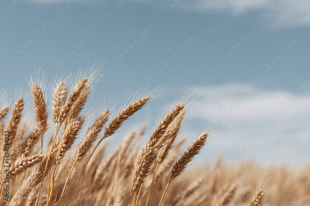 Fototapeta premium serene wheat field under clear blue sky with golden wheat ears swaying gently in breeze