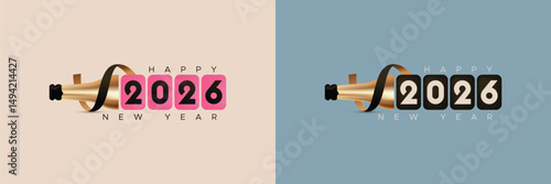 New Year 2026 celebration with bottle and ribbon as party symbol. Minimalist design of 2026 New Year