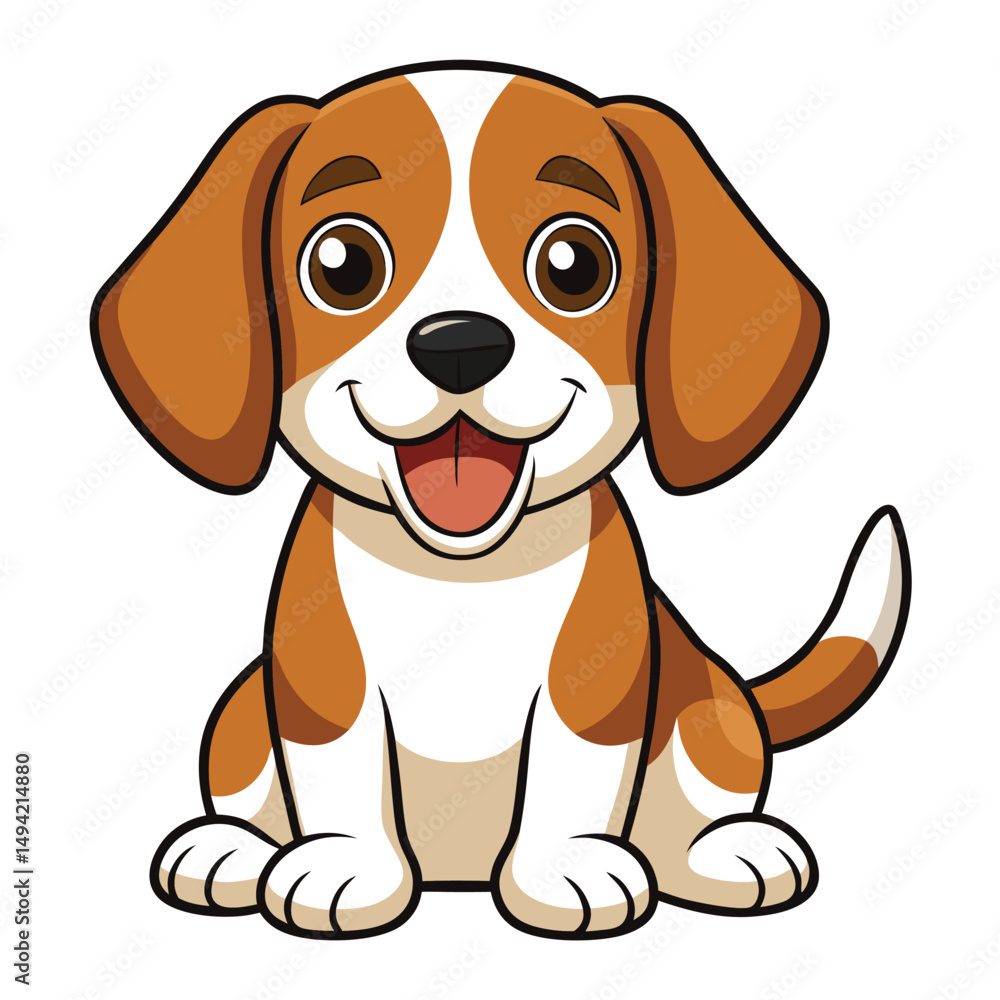 A cheerful beagle puppy with brown and white fur and floppy ears sits with its tongue out a white background A cheerful beagle puppy with brown and white fur and floppy ears sits with its tongue out a white background