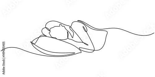 Woman sleeping on pillow bed continuous one line drawing. Sleeping woman in single line art illustration. Editable vector, Continuous single line sketch drawing of woman sleeping on pillow bed.