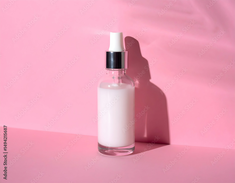 Elegant glass bottle filled with creamy liquid, set against a soft pink backdrop, ideal for beauty products Elegant glass bottle filled with creamy liquid, set against a soft pink backdrop, ideal for beauty products