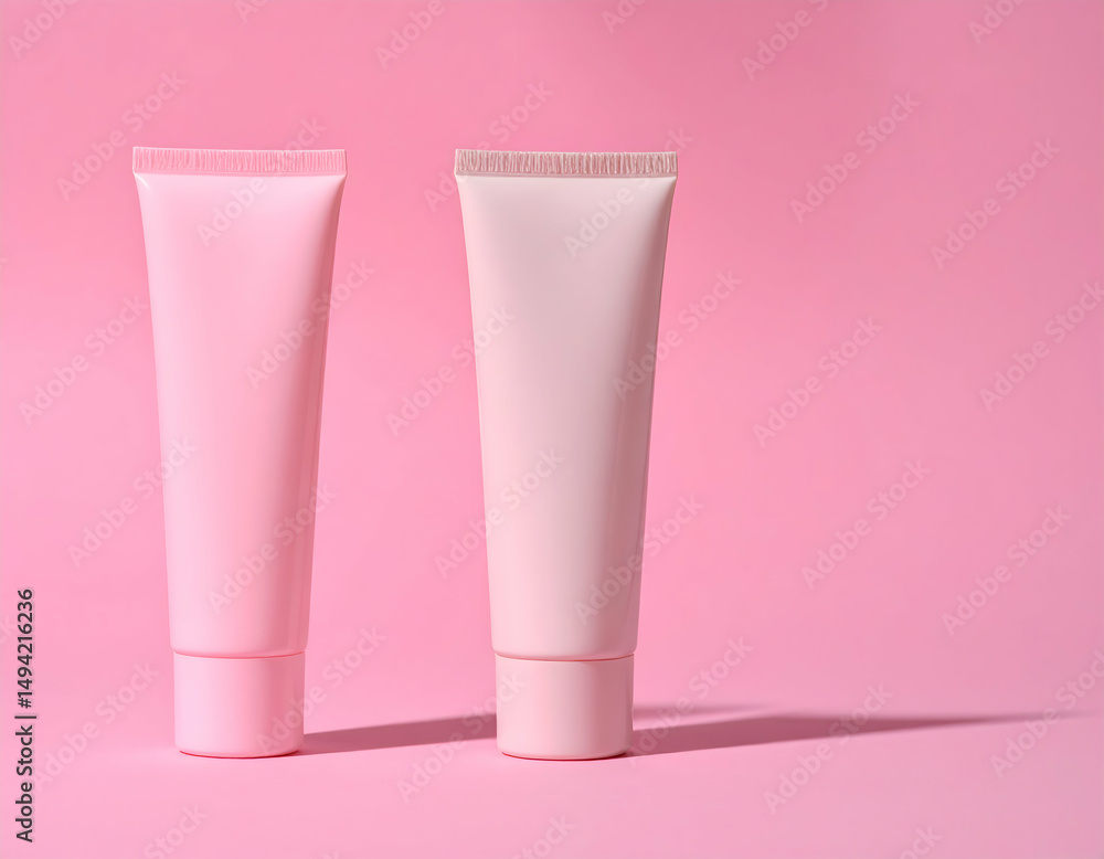 Two pink cosmetic tubes placed on a soft pink background, creating a serene and appealing aesthetic Two pink cosmetic tubes placed on a soft pink background, creating a serene and appealing aesthetic