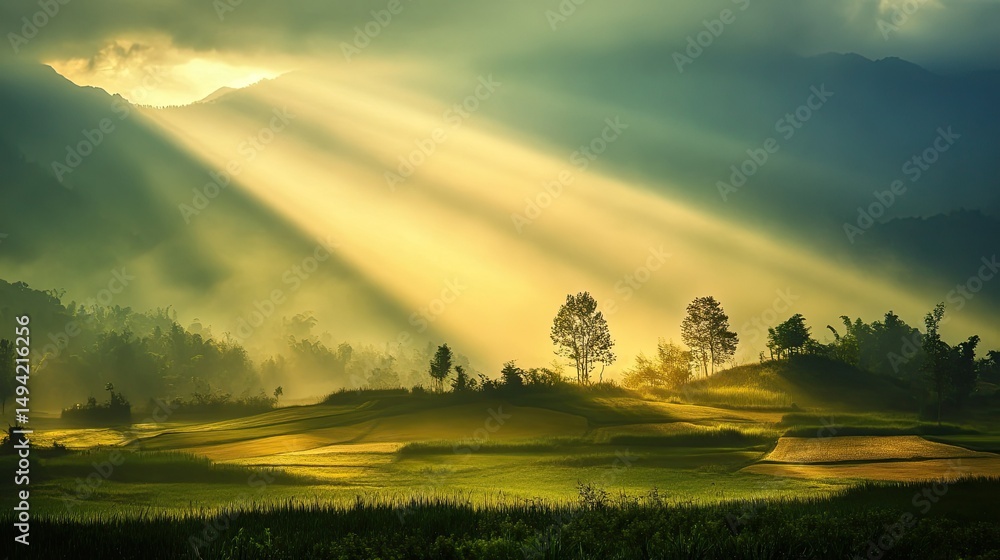 Obraz premium Ethereal Sunrise Over Rice Terraces in Mountainous Landscape with Rays of Light Piercing Through Clouds and Illuminating Green Fields