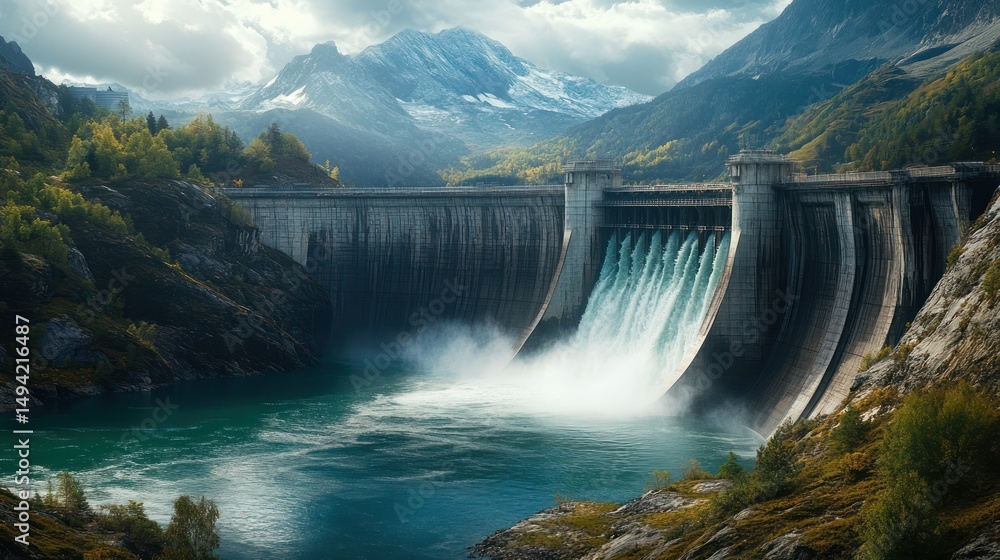 Hydroelectric power dam with water cascading amidst scenic mountain landscape Hydroelectric power dam with water cascading amidst scenic mountain landscape