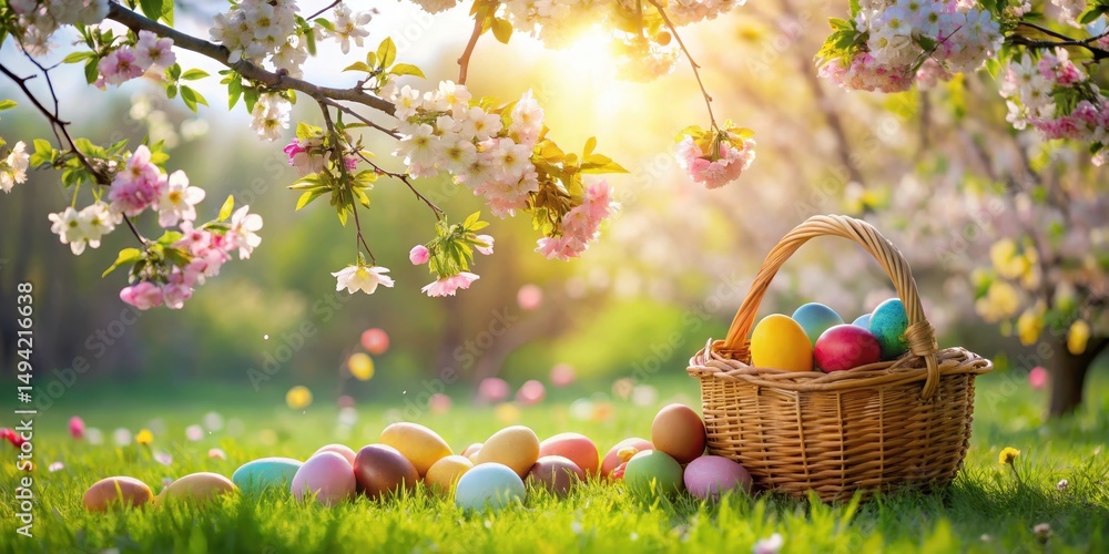 Colorful Easter eggs nestled among lush greenery under a blooming tree's canopy with vibrant flowers and delicate petals , baskets, eggs in basket Colorful Easter eggs nestled among lush greenery under a blooming tree's canopy with vibrant flowers and delicate petals , baskets, eggs in basket