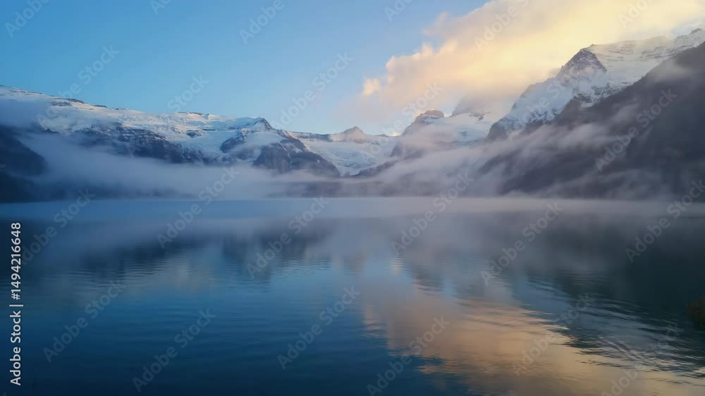 beautiful cold mountain lake with snow-covered peaks reflecting in water, peaceful and clean nature view in early morning light beautiful cold mountain lake with snow-covered peaks reflecting in water, peaceful and clean nature view in early morning light