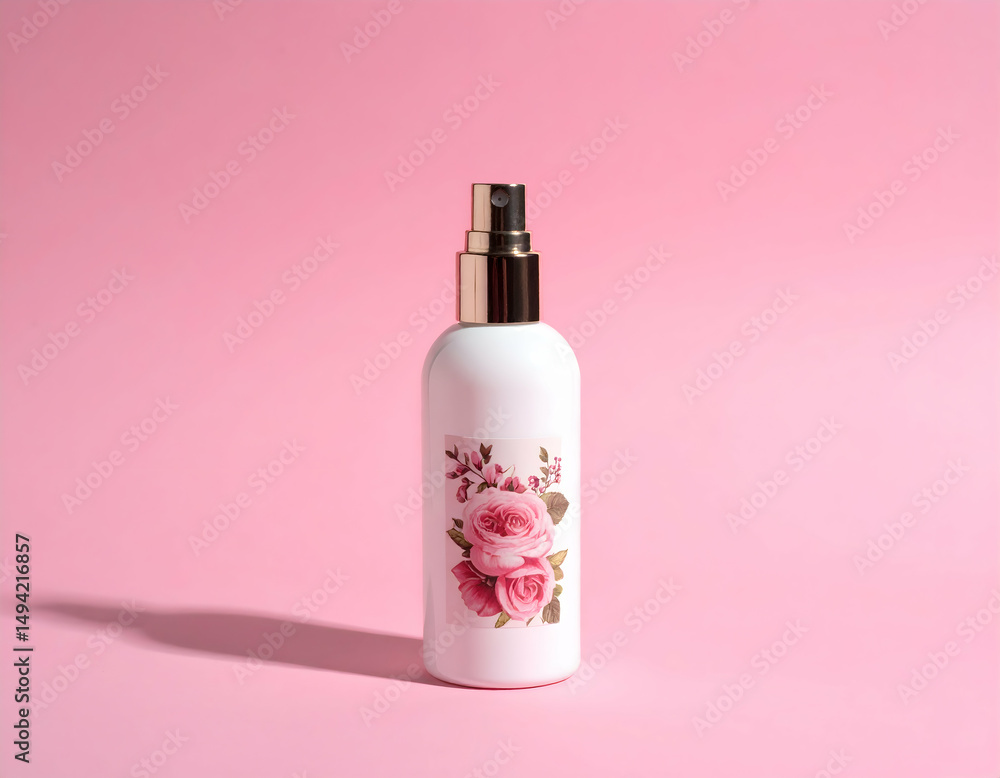 Naklejka premium Elegant pink cosmetic bottle featuring floral design, set against a soft pink background