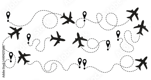 Airplane Route Icon with Dotted Line Path – Travel Flight Map Vector