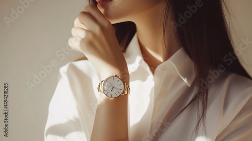 Elegant Woman Wearing a Stylish Gold Watch in a Fashionable Setting
