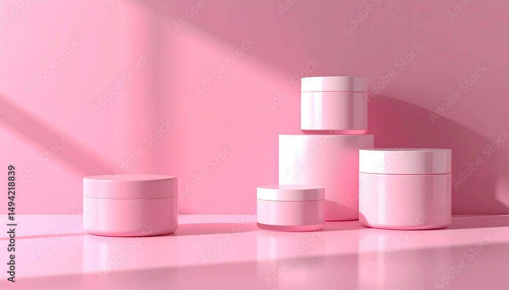 Aesthetic arrangement of pink cosmetic jars on a pastel pink background with soft shadows Aesthetic arrangement of pink cosmetic jars on a pastel pink background with soft shadows