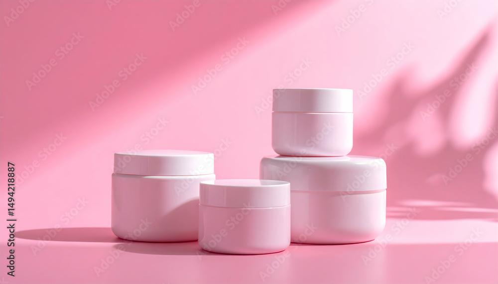Aesthetic arrangement of four pink cosmetic jars on a soft pink background with gentle shadows Aesthetic arrangement of four pink cosmetic jars on a soft pink background with gentle shadows