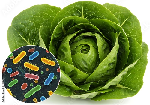 Lettuce head with magnified view of bacteria