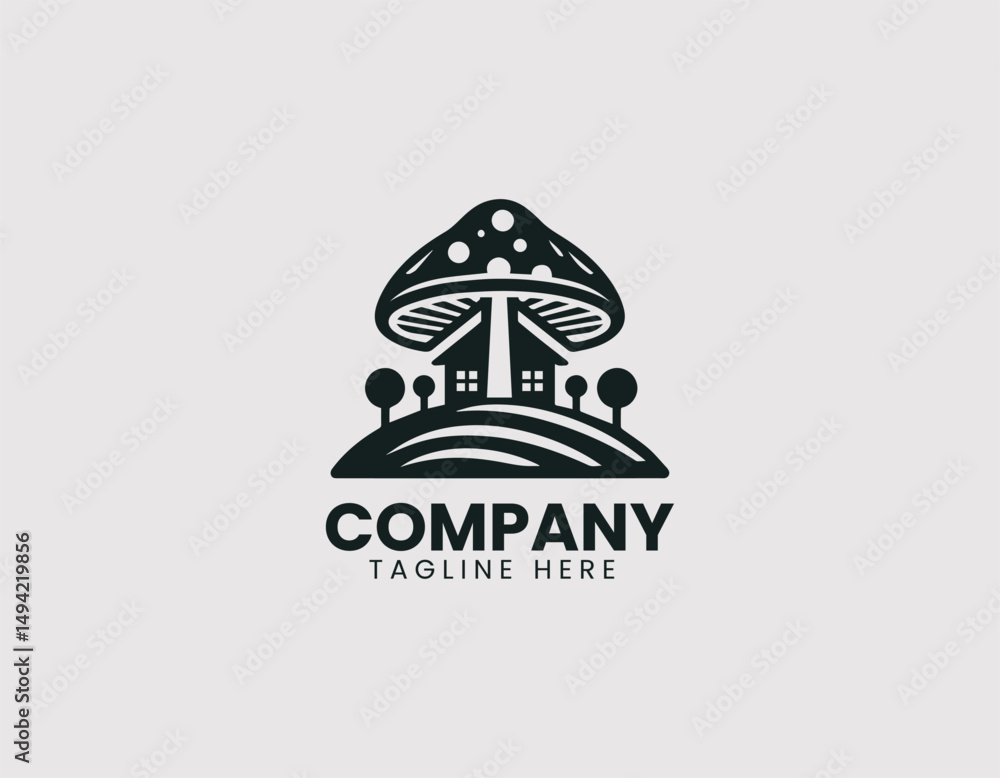 Enchanting Mushroom House in Unique Landscape Vector Logo Design, Charming Mushroom Home in Whimsical Landscape Vector Logo Enchanting Mushroom House in Unique Landscape Vector Logo Design, Charming Mushroom Home in Whimsical Landscape Vector Logo