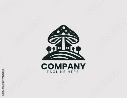 Enchanting Mushroom House in Unique Landscape Vector Logo Design, Charming Mushroom Home in Whimsical Landscape Vector Logo
