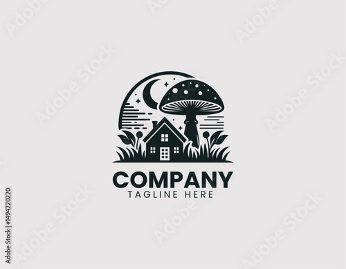 Enchanting Mushroom House in Unique Landscape Vector Logo Design, Charming Mushroom Home in Whimsical Landscape Vector Logo