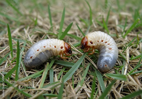 Two grub worms crawling on blades of grass in a garden