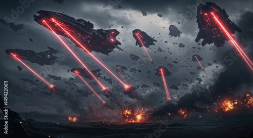 Fototapeta Naklejka Na Ścianę i Meble -  Spaceships Attack Battlefield with Laser Beam