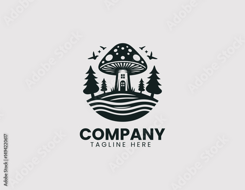 Enchanting Mushroom House in Unique Landscape Vector Logo Design, Charming Mushroom Home in Whimsical Landscape Vector Logo