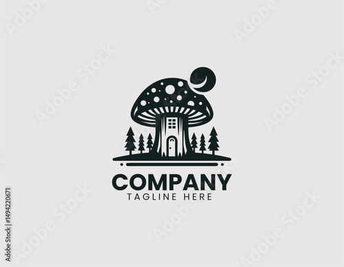 Enchanting Mushroom House in Unique Landscape Vector Logo Design, Charming Mushroom Home in Whimsical Landscape Vector Logo
