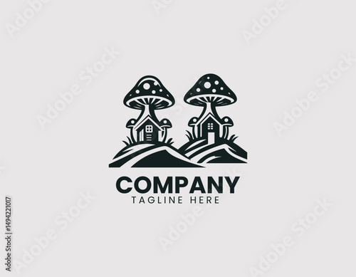 Enchanting Mushroom House in Unique Landscape Vector Logo Design, Charming Mushroom Home in Whimsical Landscape Vector Logo