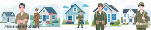 vector soldier standing in front of house