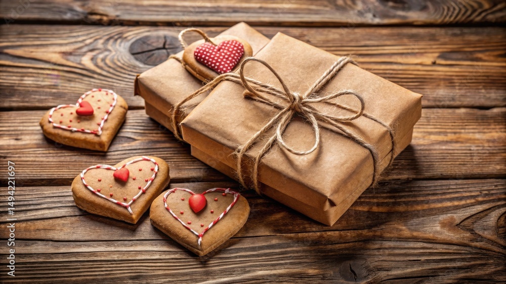 Fototapeta premium Rustic wooden surface displays thoughtfully wrapped gifts and heart-shaped cookies, perfect for a romantic occasion