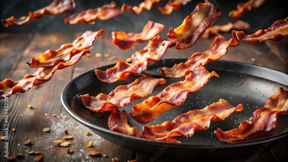 Crispy hot fried bacon pieces scattered in a circular motion on top view of sizzling cast iron skillet , bacon, crispy, bacon Crispy hot fried bacon pieces scattered in a circular motion on top view of sizzling cast iron skillet , bacon, crispy, bacon