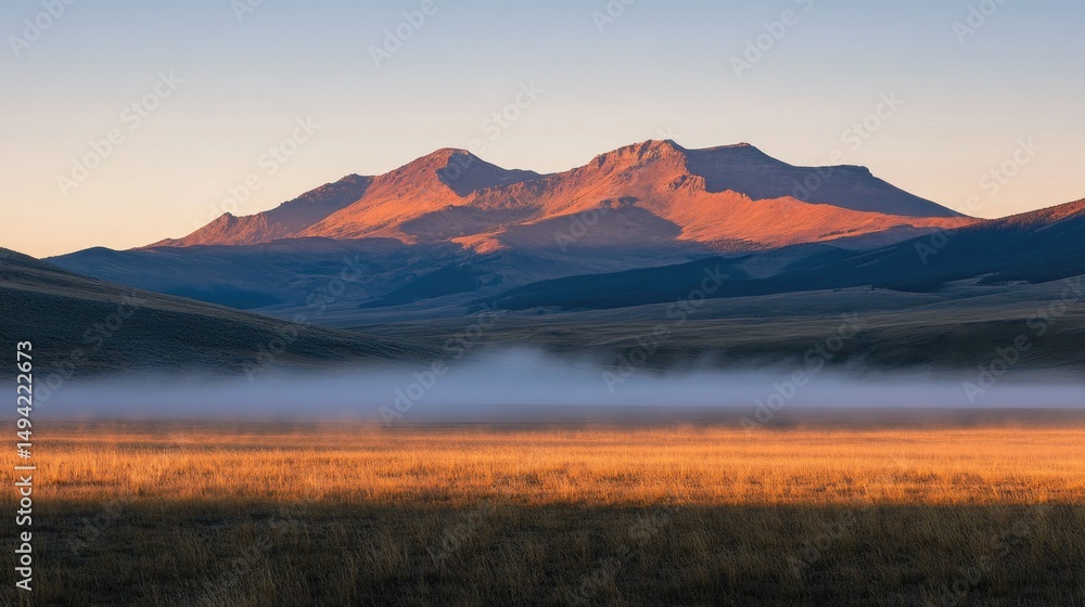 Obraz premium Sunrise over Majestic Mountain Range with Soft Fog in the Valley Captured in Early Morning Light on a Serene Landscape