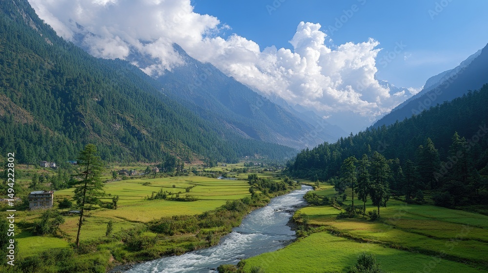Fototapeta premium Serene Landscape with Lush Green Fields, Flowing River, Majestic Mountains, and Dynamic Cloud Formation under a Bright Blue Sky