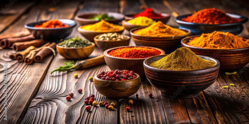 Aromatic Spiced Bowls on Rustic Wooden Surface A Culinary Still Life Featuring Vibrant Herbs and Spices Aromatic Spiced Bowls on Rustic Wooden Surface A Culinary Still Life Featuring Vibrant Herbs and Spices