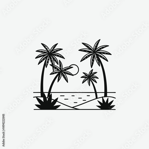 Minimalist Black and White Vector Illustration of Palm Trees, Ocean Waves, and Abstract Tropical Geometric Art