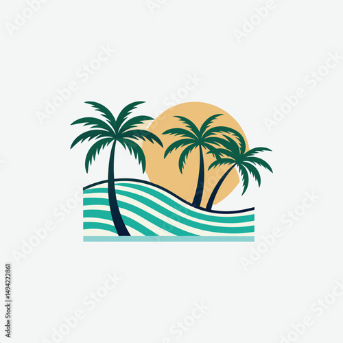 Minimalist Black and White Vector Illustration of Palm Trees, Ocean Waves, and Abstract Tropical Geometric Art