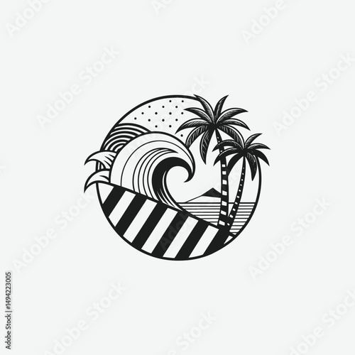 Minimalist Black and White Vector Illustration of Palm Trees, Ocean Waves, and Abstract Tropical Geometric Art