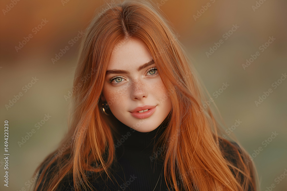 Portrait of Redhead Woman with Freckles and Black Turtleneck Sweater, People and Portraits with Bokeh Concept Portrait of Redhead Woman with Freckles and Black Turtleneck Sweater, People and Portraits with Bokeh Concept