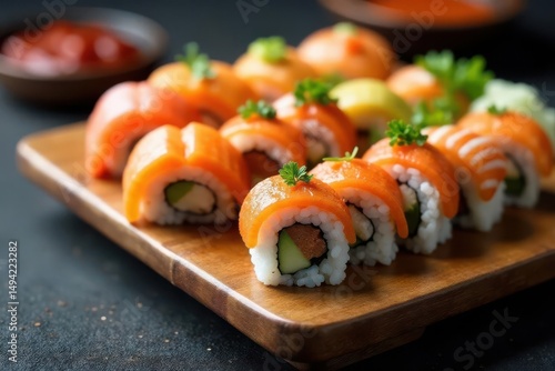 Colorful sushi platter, various rolls, wasabi, ginger, rolls, japanese cuisine, soy sauce