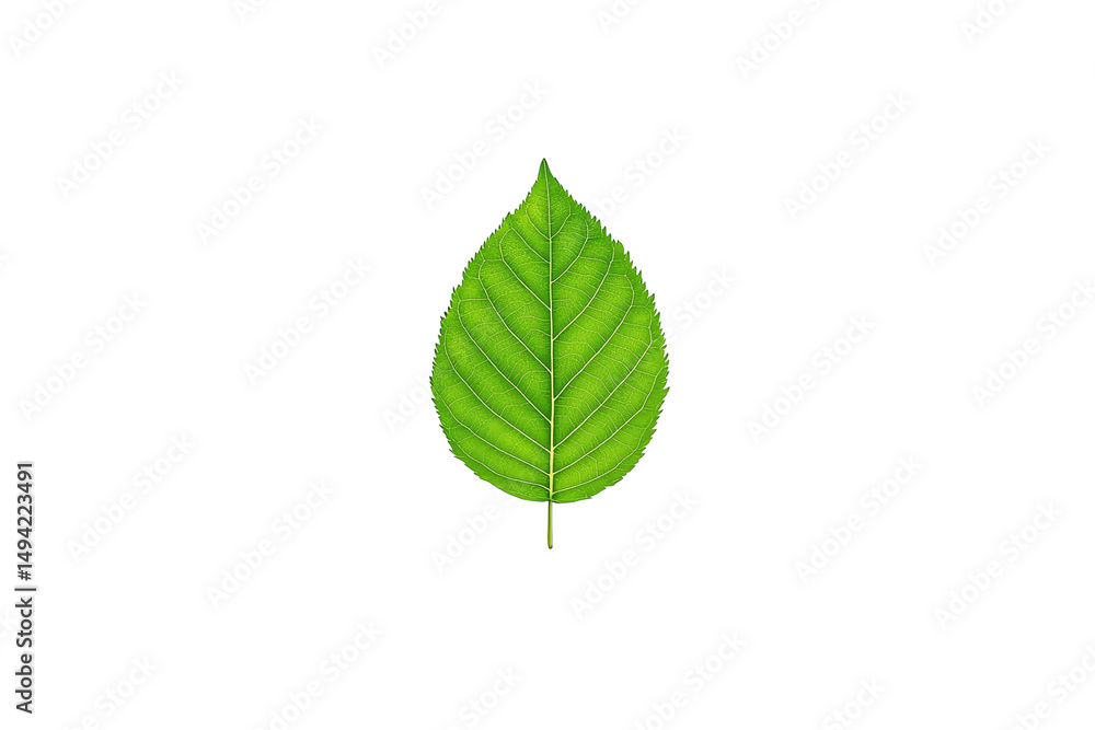 A single green leaf with prominent veins and a pointed tip. A single green leaf with prominent veins and a pointed tip.