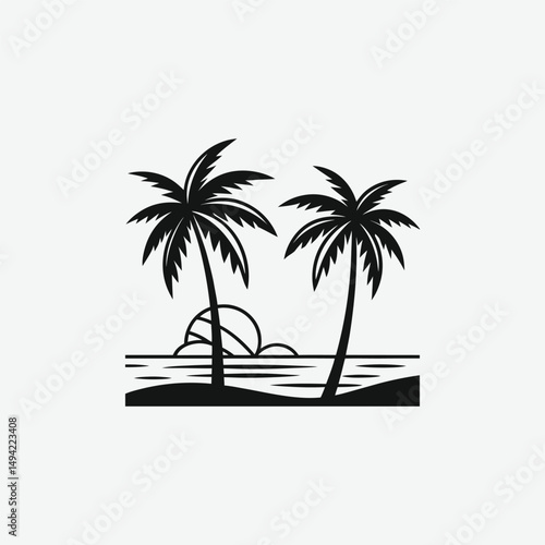 Minimalist Black and White Vector Illustration of Palm Trees, Ocean Waves, and Abstract Tropical Geometric Art