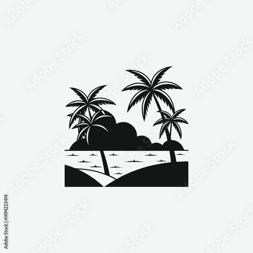 Minimalist Black and White Vector Illustration of Palm Trees, Ocean Waves, and Abstract Tropical Geometric Art