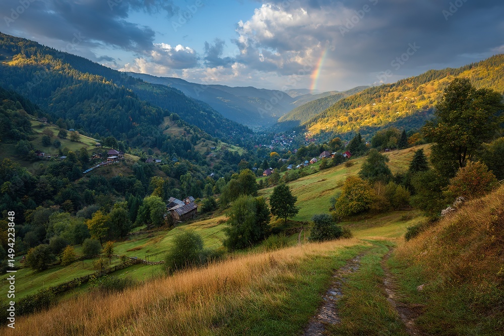Obraz premium Autumn Mountain Valley With Rainbow Sunset View