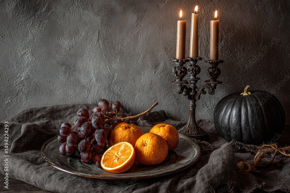 Obraz premium Dark Still Life With Pumpkins, Oranges, and Grapes