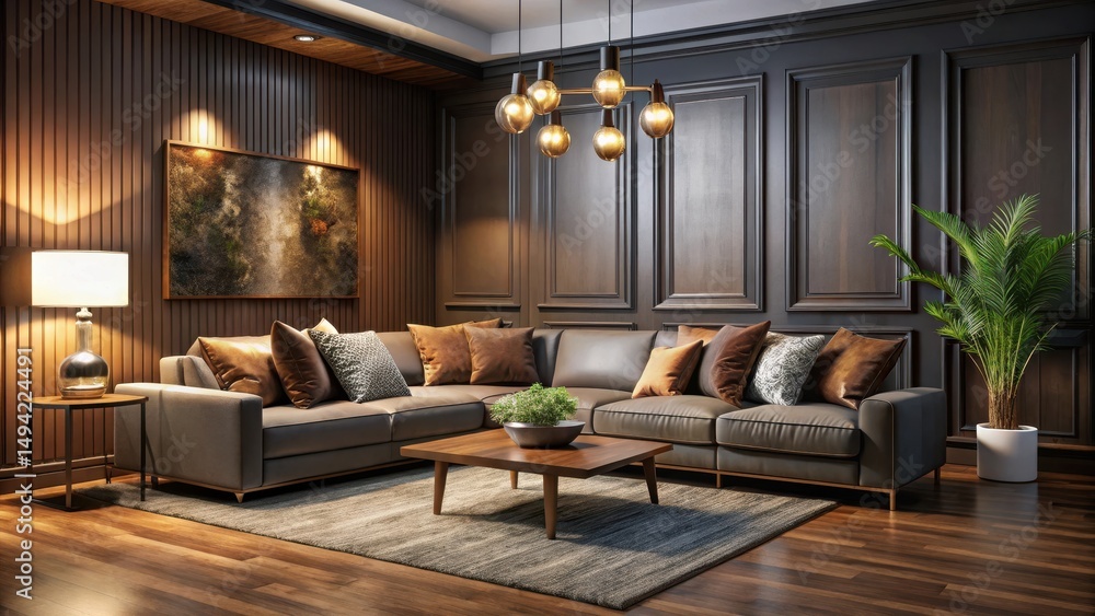 Fototapeta premium Luxurious living room with dark walls, plush sectional sofa, and floor lamps, creating a cozy ambiance with rich wood furniture and warm lighting, relaxation, upscale decor