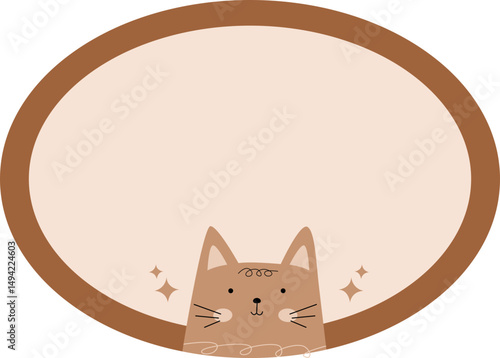 Kawai cat nametag label frame for school, kids, stationery label. Kitty, adorable, animal, pet illustration. Vector isolated.