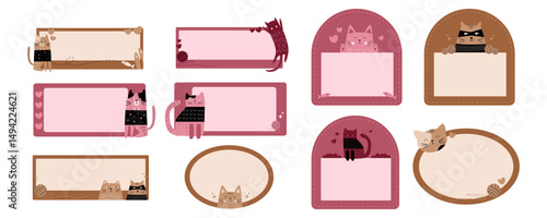 Set of kawai cat nametag label frame for school, kids, stationery label. Kitty, adorable, animal, pet illustration. Vector isolated.